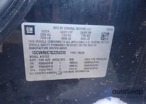 2016 Chevrolet Silverado K1500 Lt z USA, uszkodzony, nr VIN 1GCVKREC7GZ252230